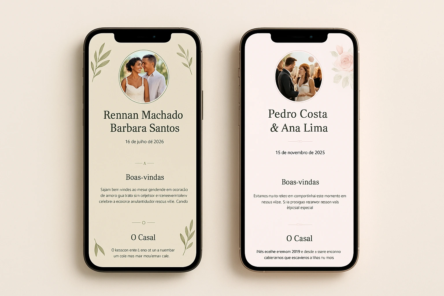 Preview de convites de casamento digitais em diferentes modelos